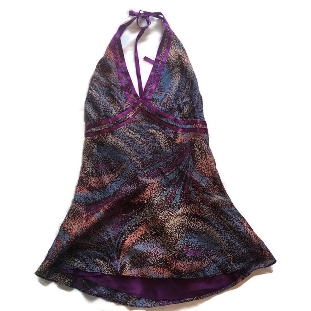 flounce TBD silk halter top with ribbon tie
